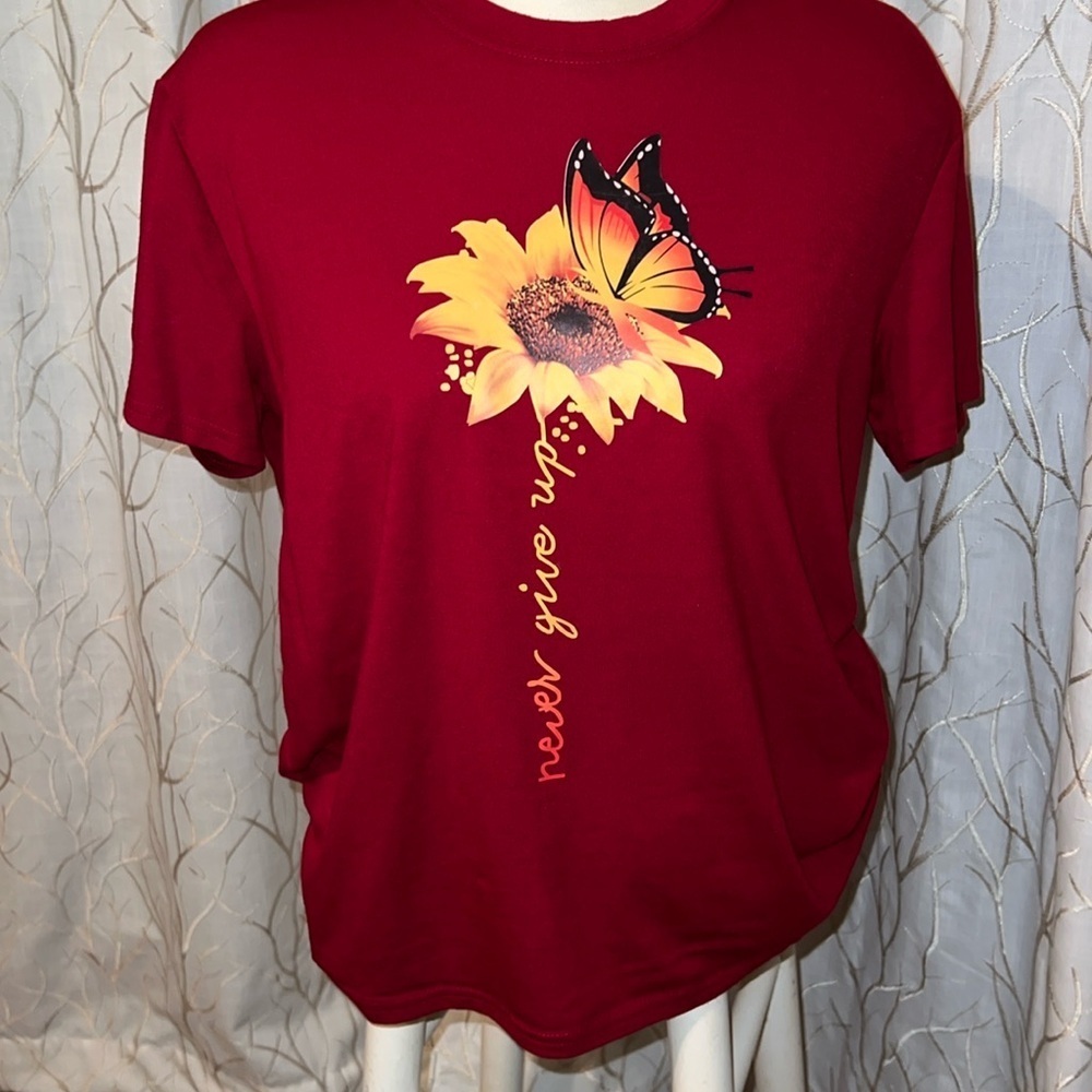 Never Give Up butterfly and sunflower t-shirt